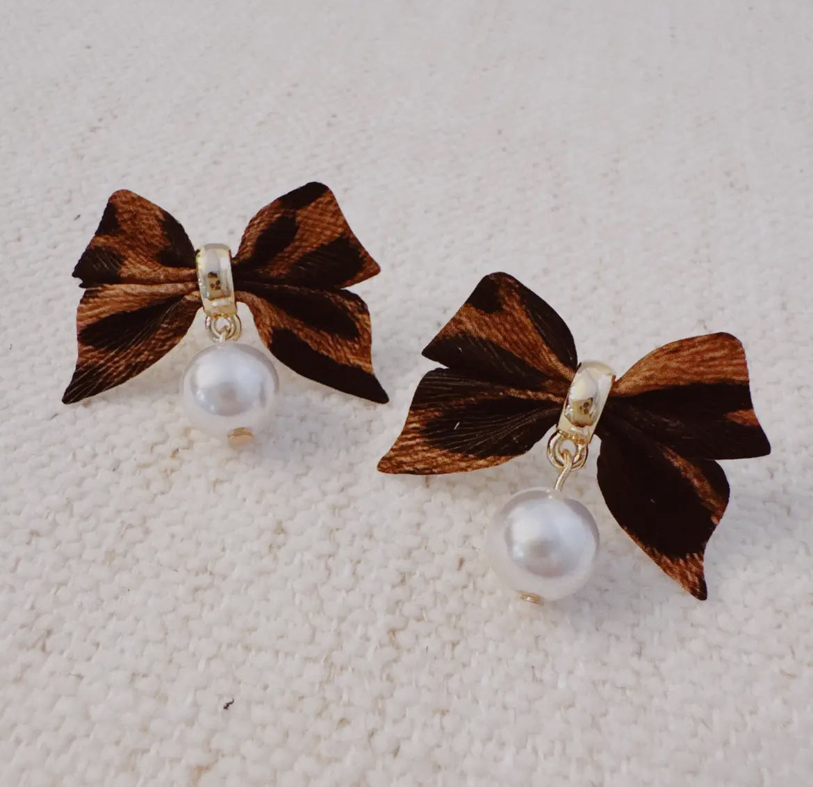 Leopard Luxe Bow and Pearl Drop Earrings