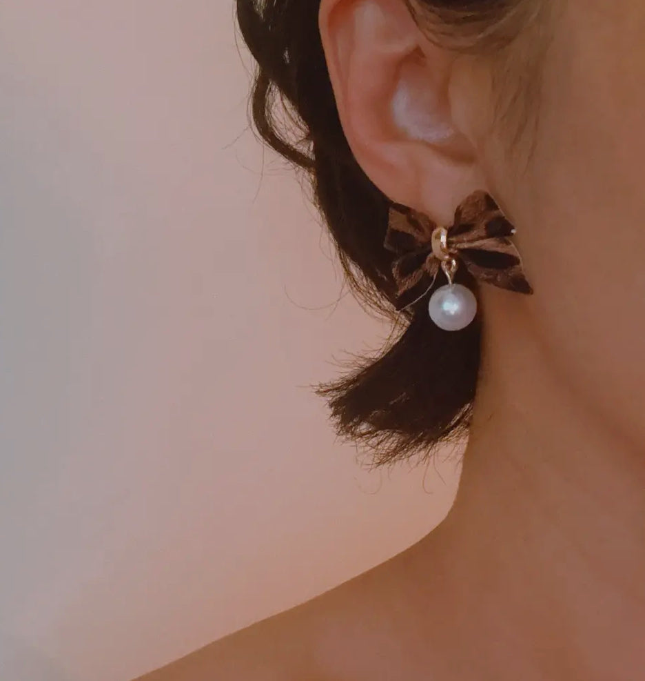 Leopard Luxe Bow and Pearl Drop Earrings