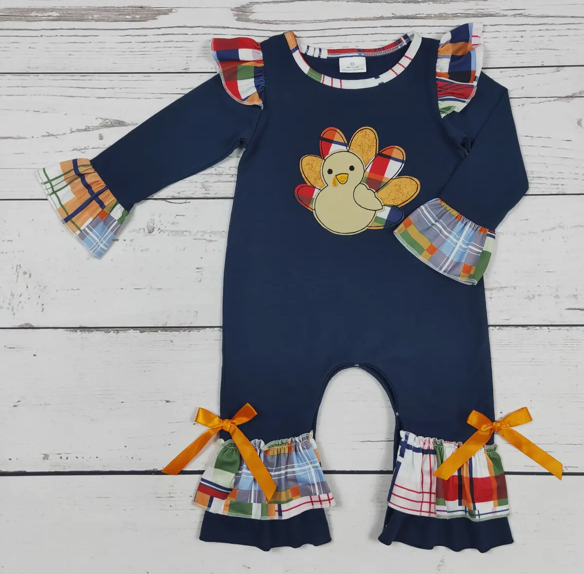 Navy Turkey Appliqué Thanksgiving Girl Romper