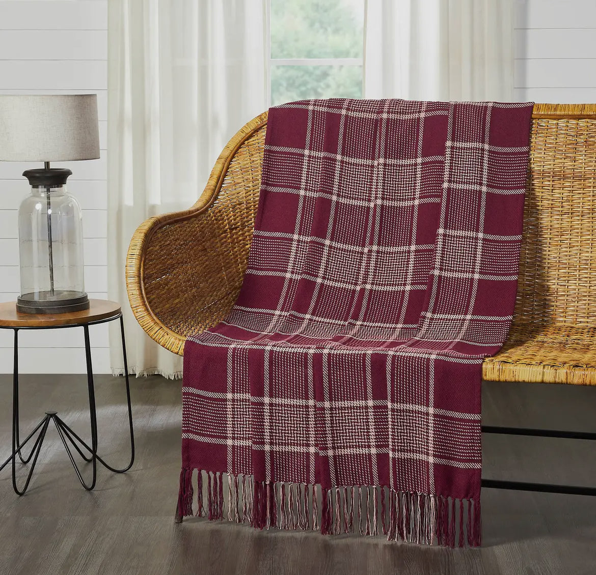 Eaton Burgandy Tan Plaid Throw 50x60