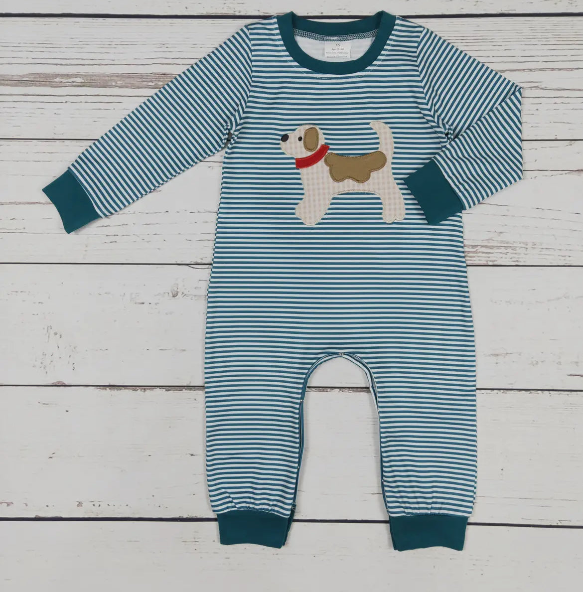 Baby Boy Striped Dog Appliqué Romper *preorder*