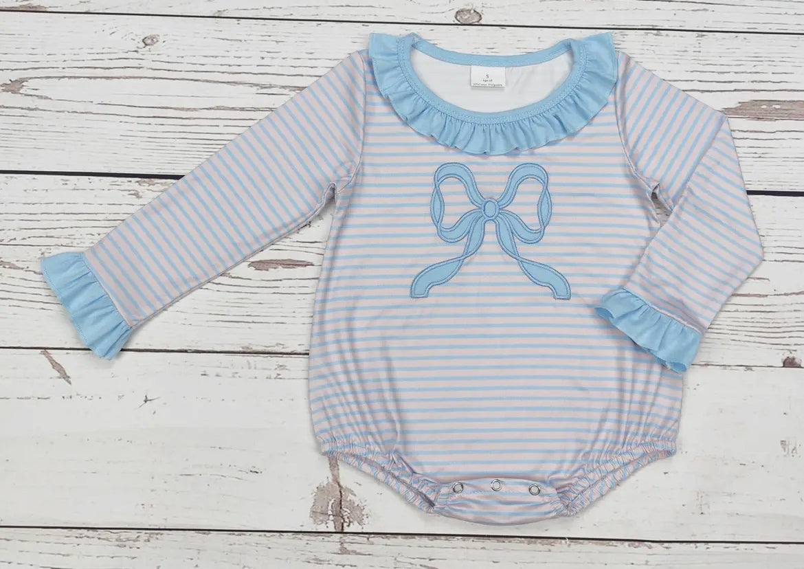 Baby Girls Blue Striped Bow Appliqué Bubble *preorder*