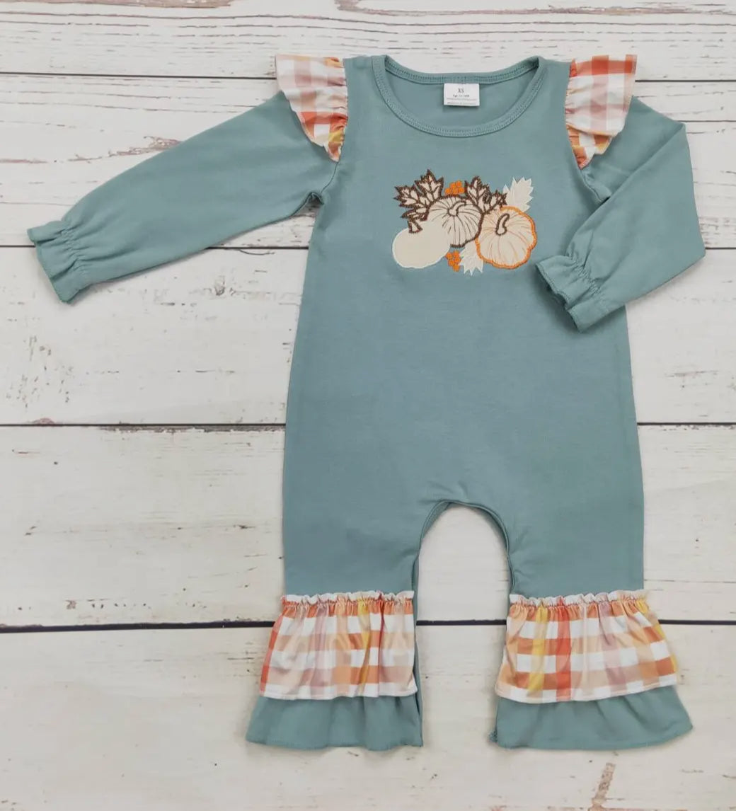Baby Girl Pumpkin Appliqué Checkered Romper *preorder*