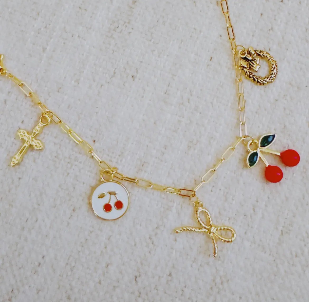Cherry Chic Charm Bracelet – Bow, Cross & More
