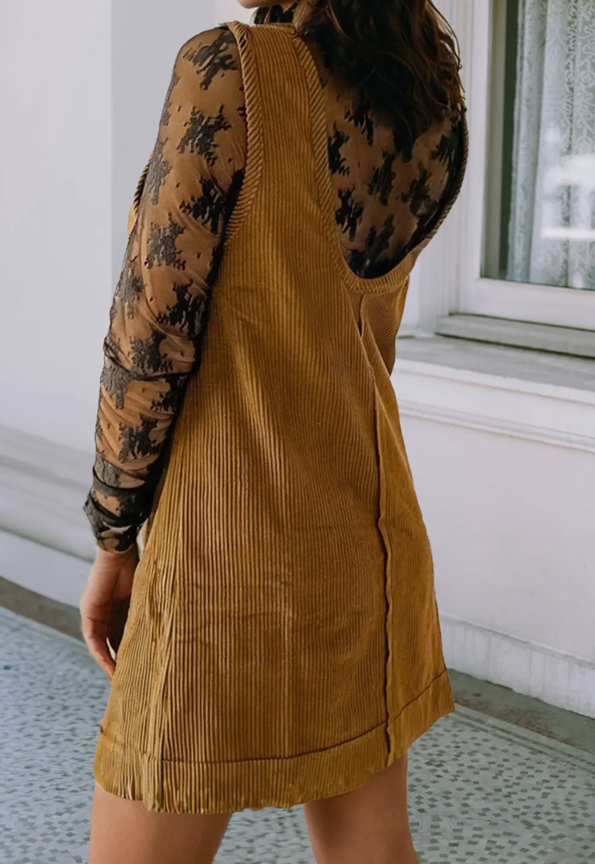 Corduroy Sleeveless Patched Pockets Mini Dress