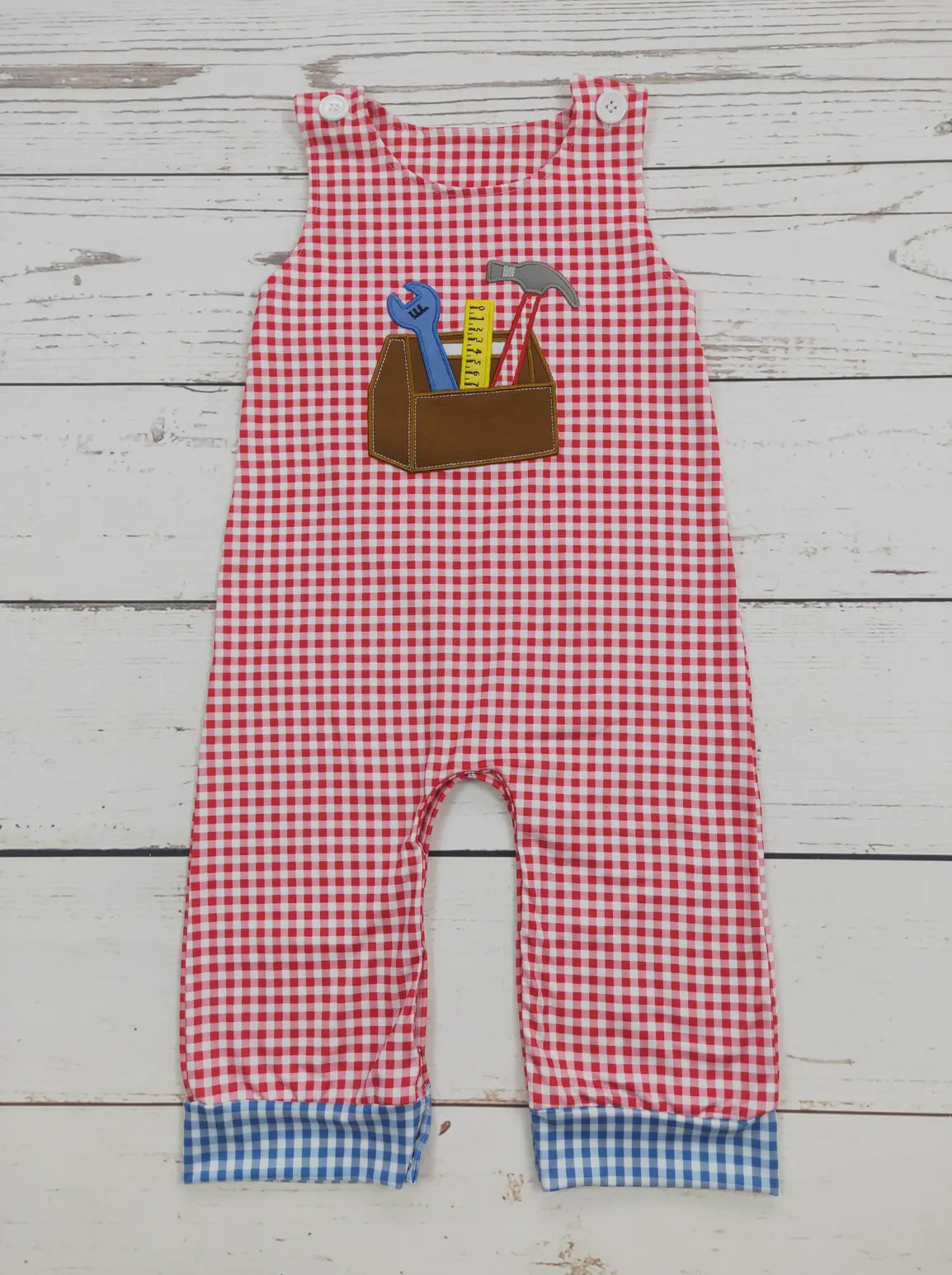 Tool Applique Baby Boy Checkered Romper *preorder*