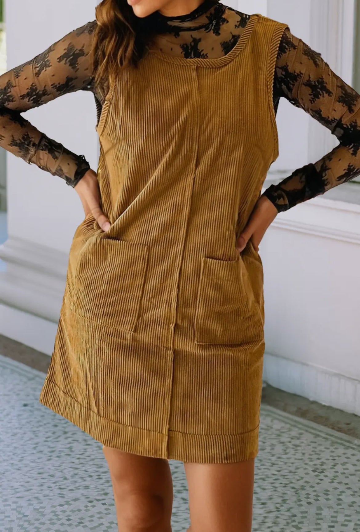 Corduroy Sleeveless Patched Pockets Mini Dress