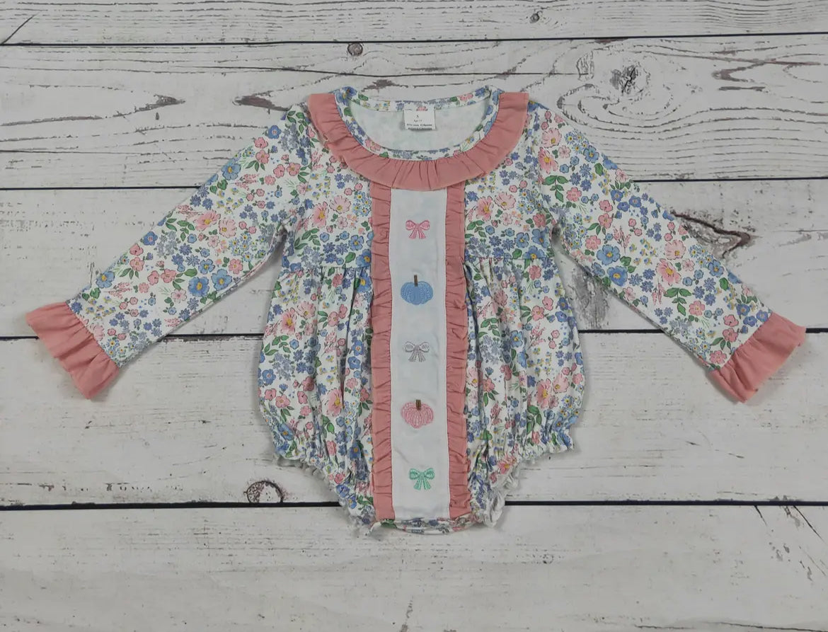 Baby Girl Pumpkin Bow Appliqué Floral Printed Bubble  *preorder*