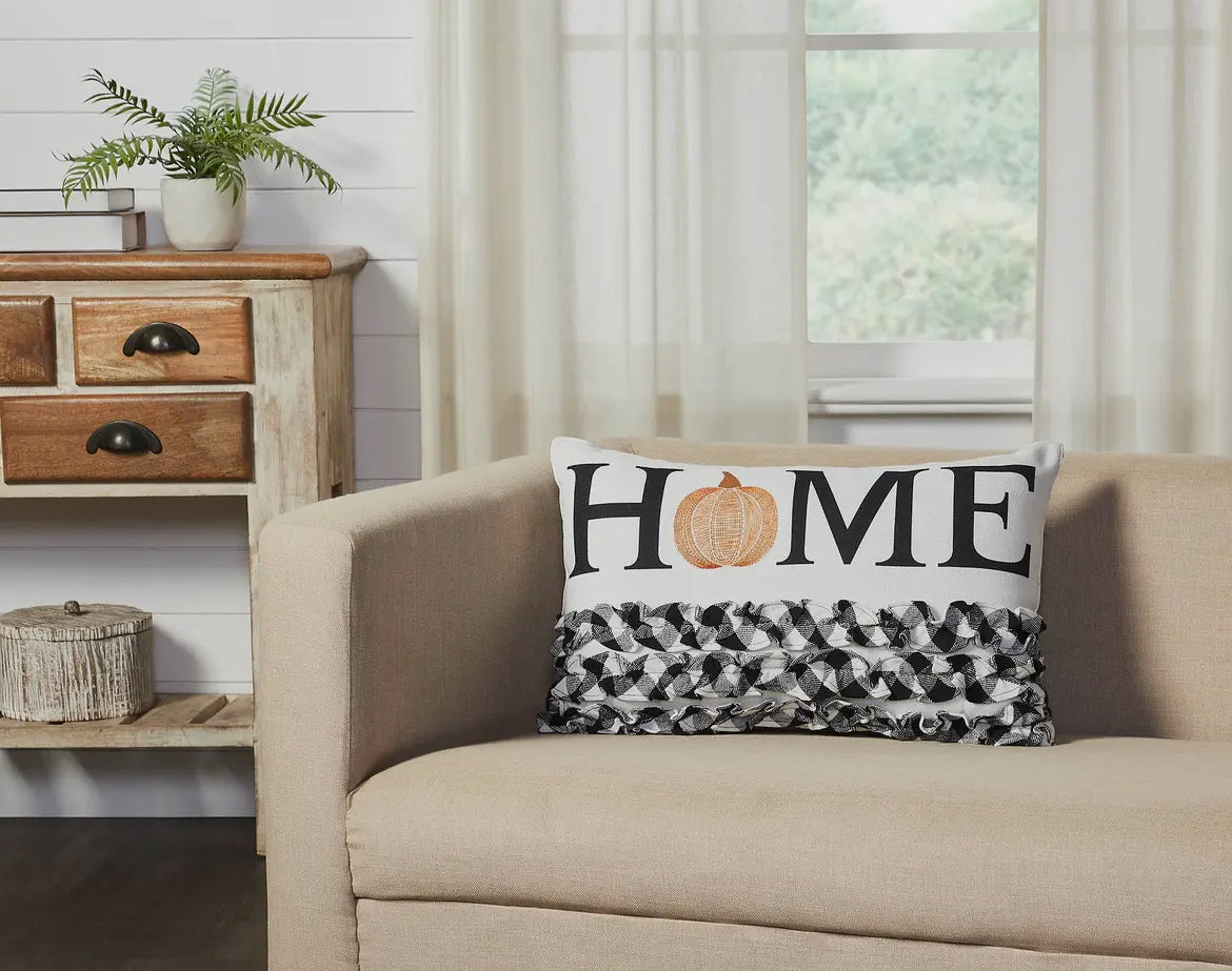 Annie Black Check Home Pumpkin Ruffle Pillow 14x22