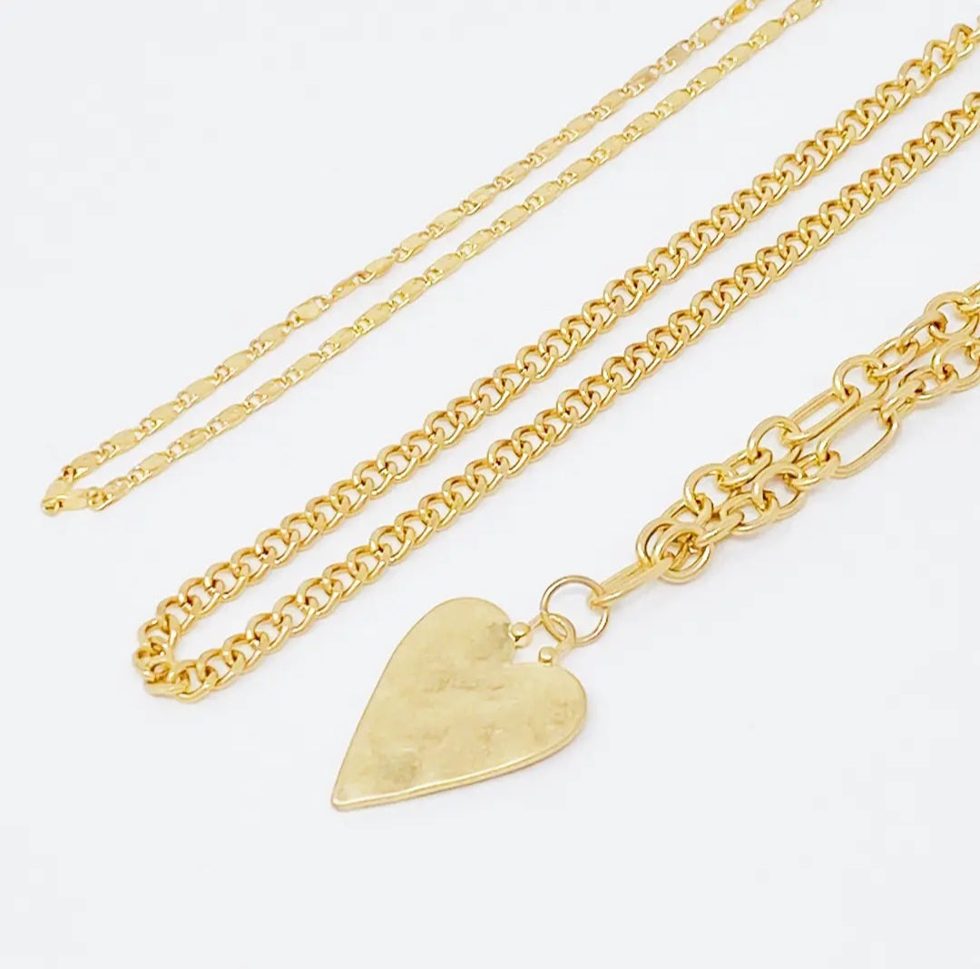 Heart Charm Layered Chain Necklace (set of 3)