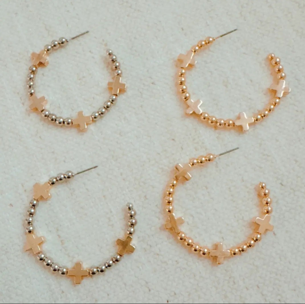 Golden Cross Beaded Hoop Earrings