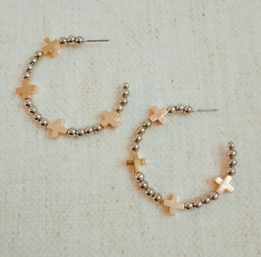 Golden Cross Beaded Hoop Earrings