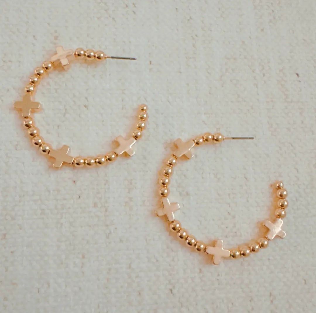 Golden Cross Beaded Hoop Earrings