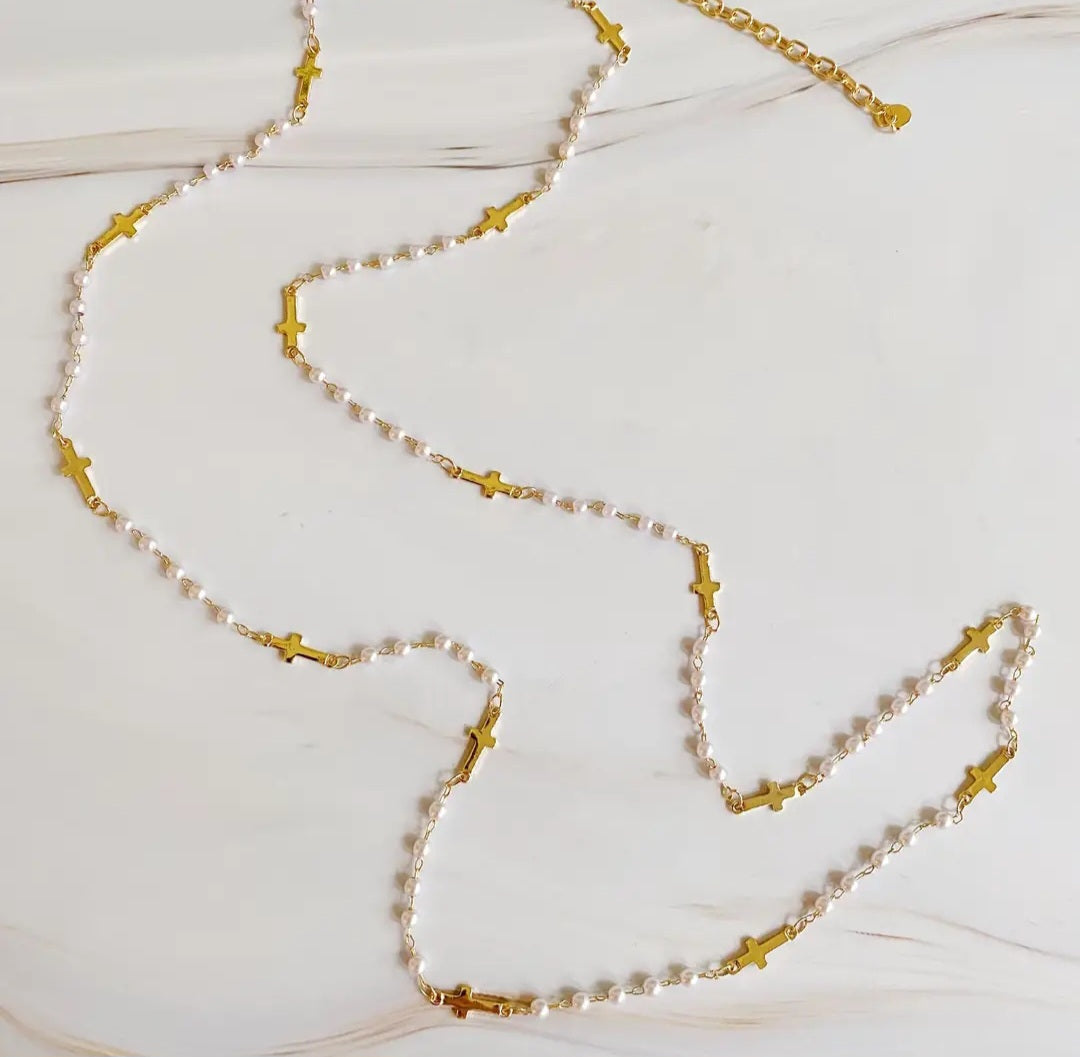 Pearl and Cross Long Necklace