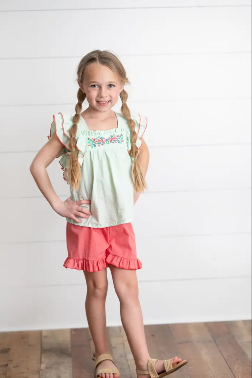 Embroidered Mint Ruffle Top and Pink Short Set