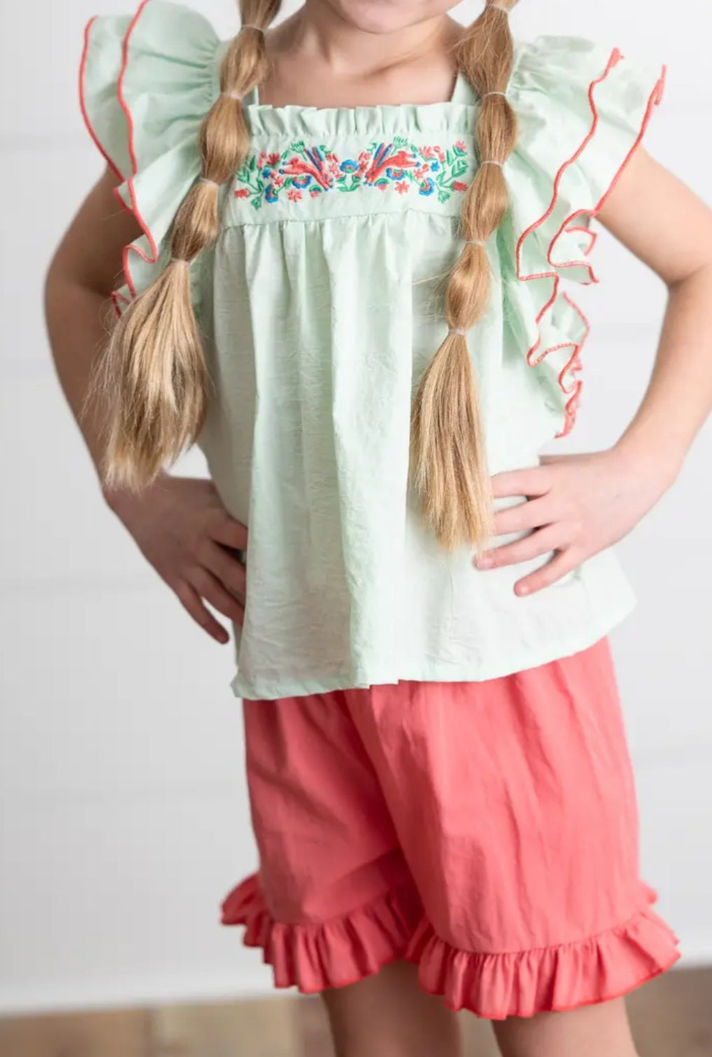 Embroidered Mint Ruffle Top and Pink Short Set