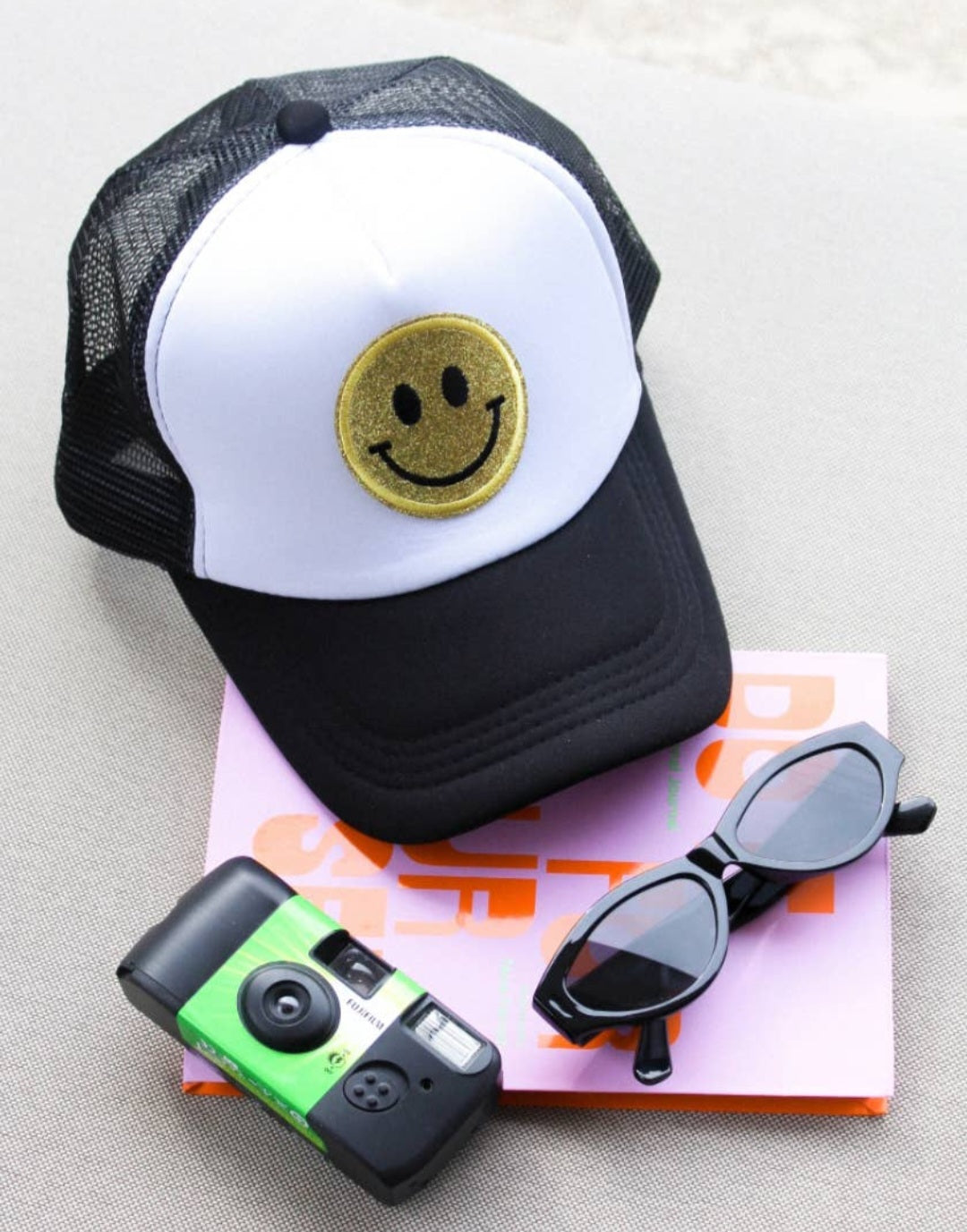Glitter Smiley Face Trucker Hat