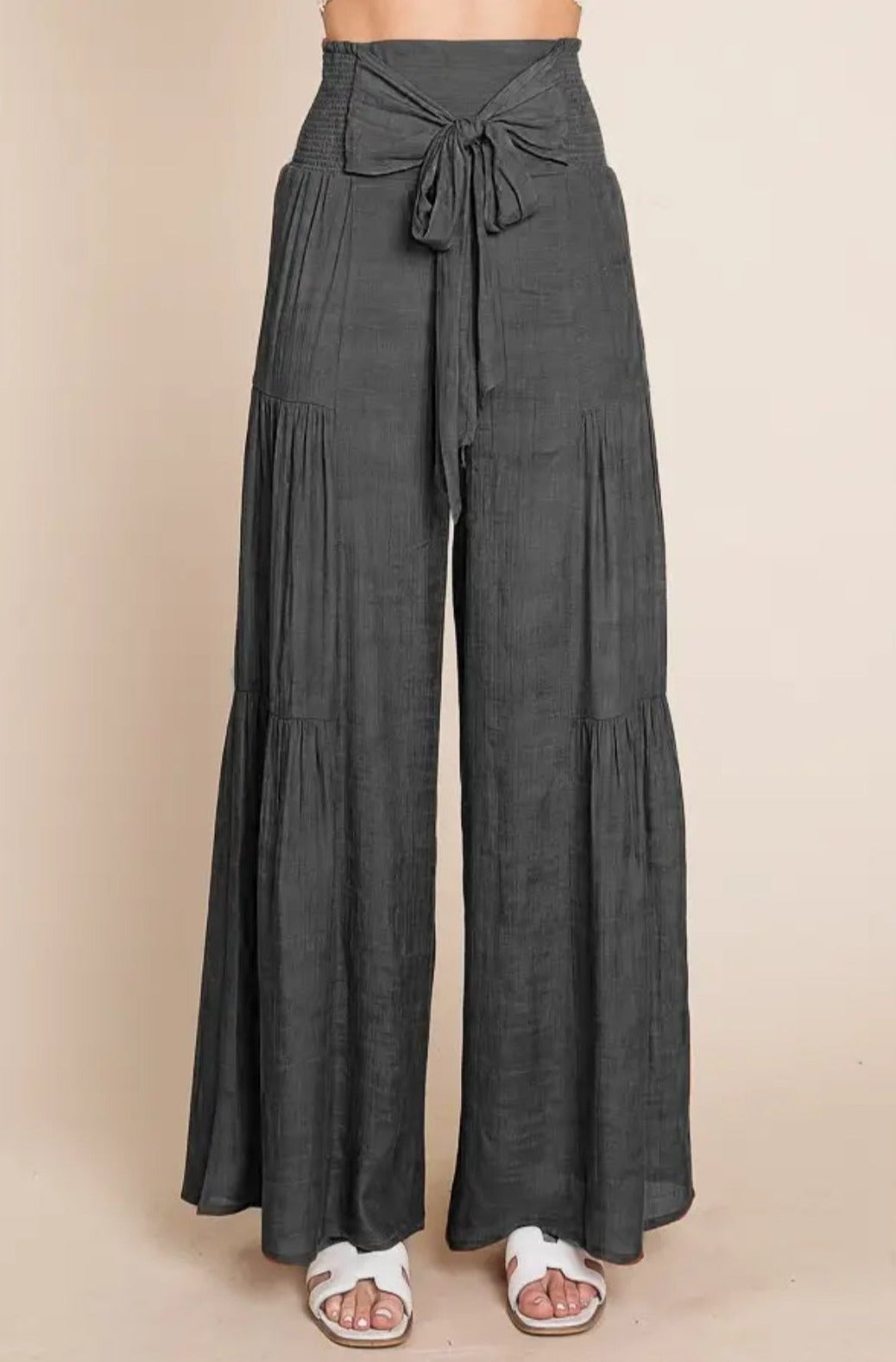 Charcoal Tie Front Ruched Waist Back Pants