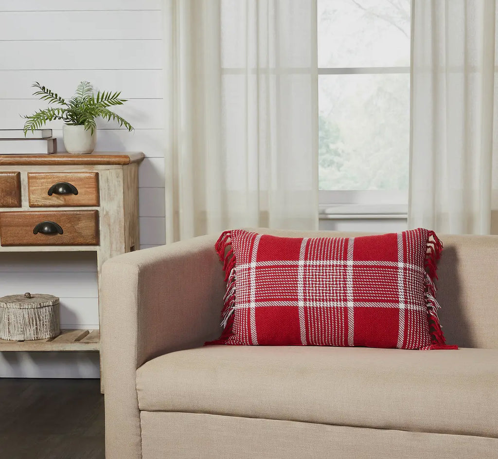 Eston Red White Plaid Fringed Pillow 14x22