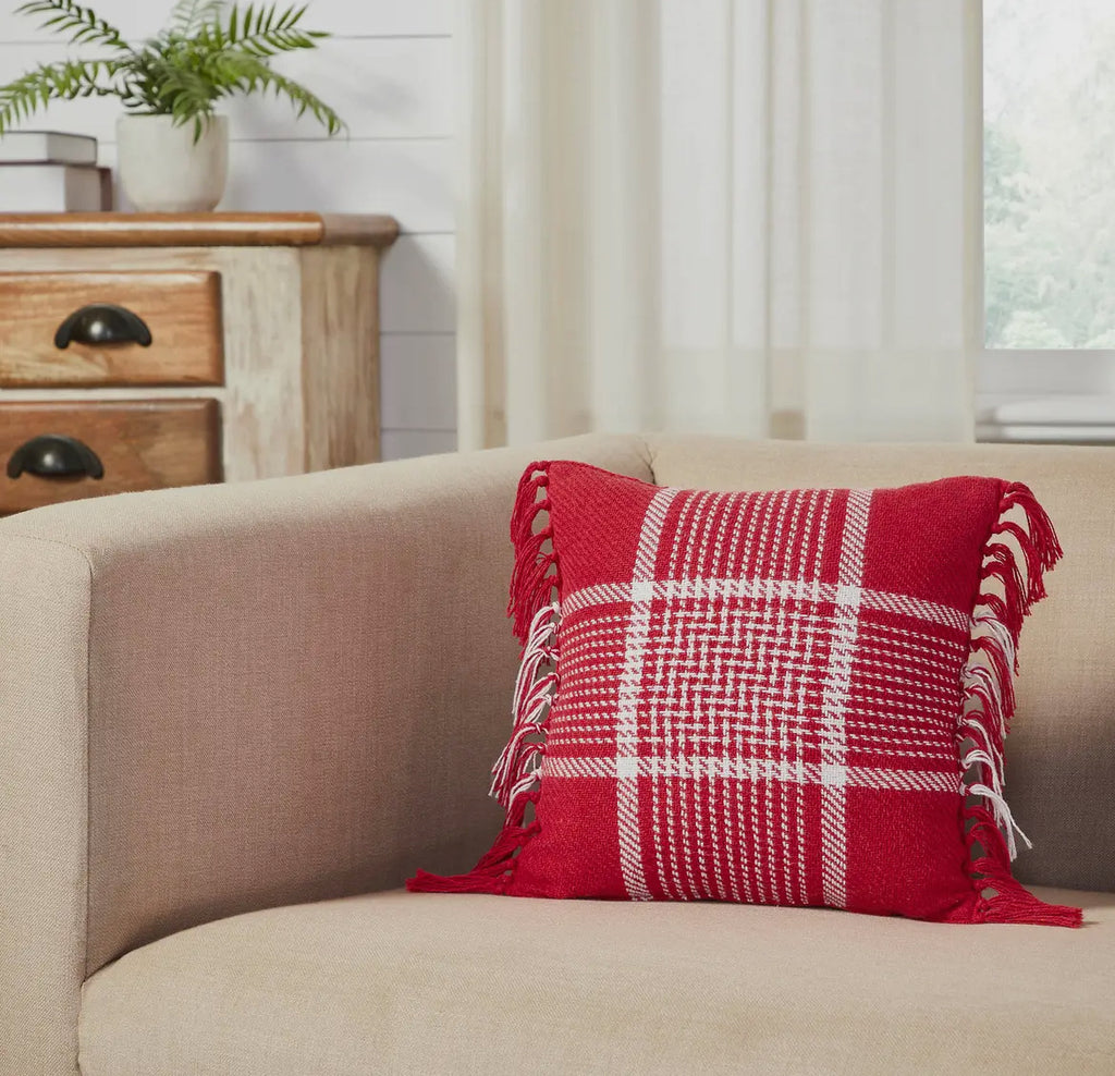 Eston Red White Plaid Fringed Pillow 12x12