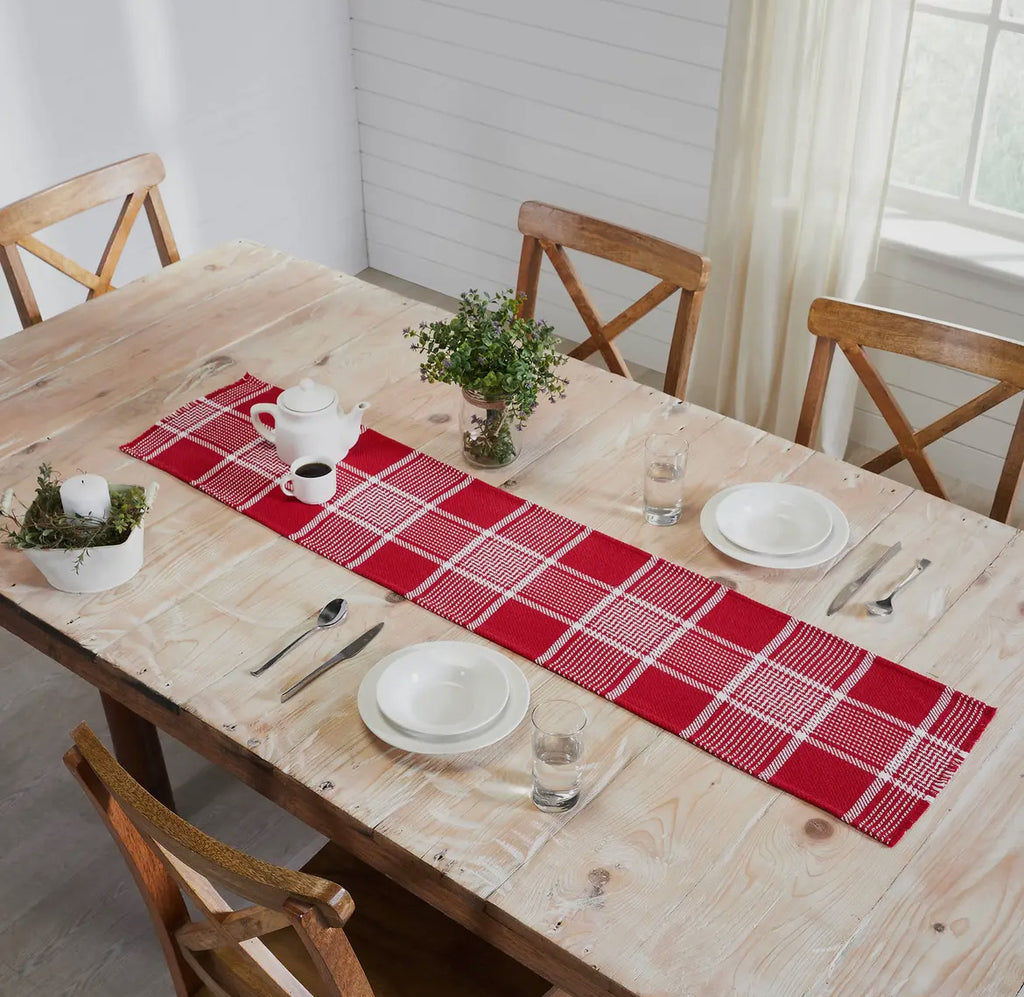 Eston Red White Plaid Fringes Runner 12x60