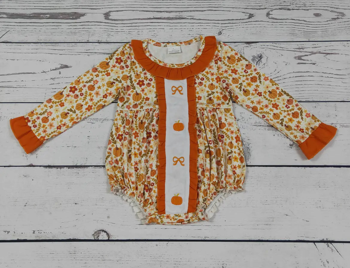 Baby Girl Pumpkin Bow Appliqué Bubble *preorder*