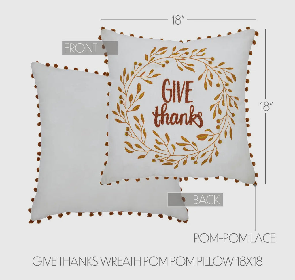 Give Thanks Wreath Pom Pom Pillow 18x18