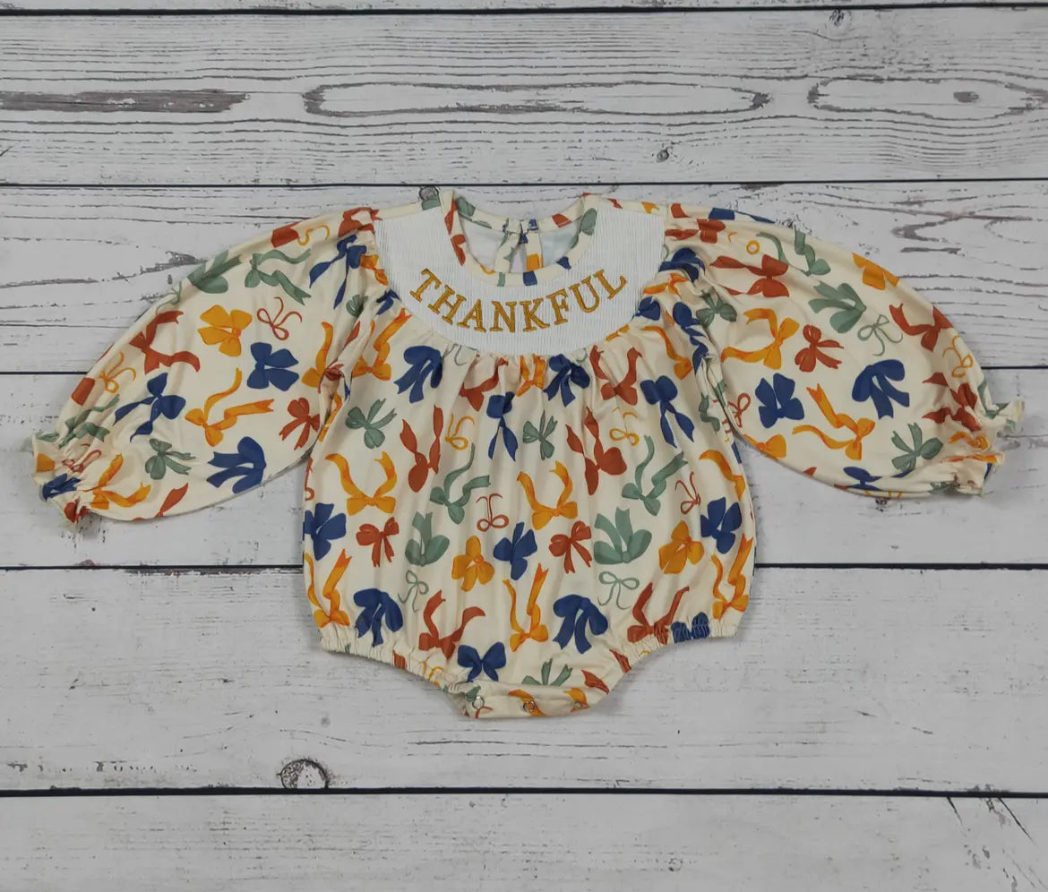 Thankful Smocked Bow Printed Baby Bubble  *preorder*