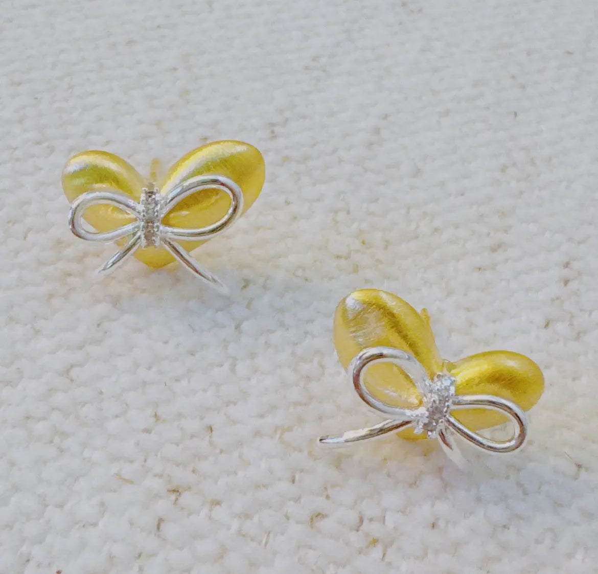 Gold Heart Bow Stud Earrings with Silver Bow Detail