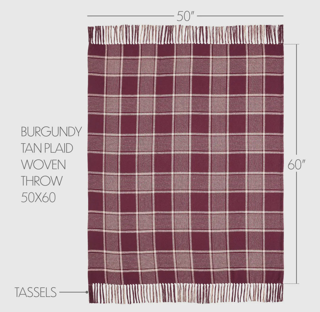 Eaton Burgandy Tan Plaid Throw 50x60