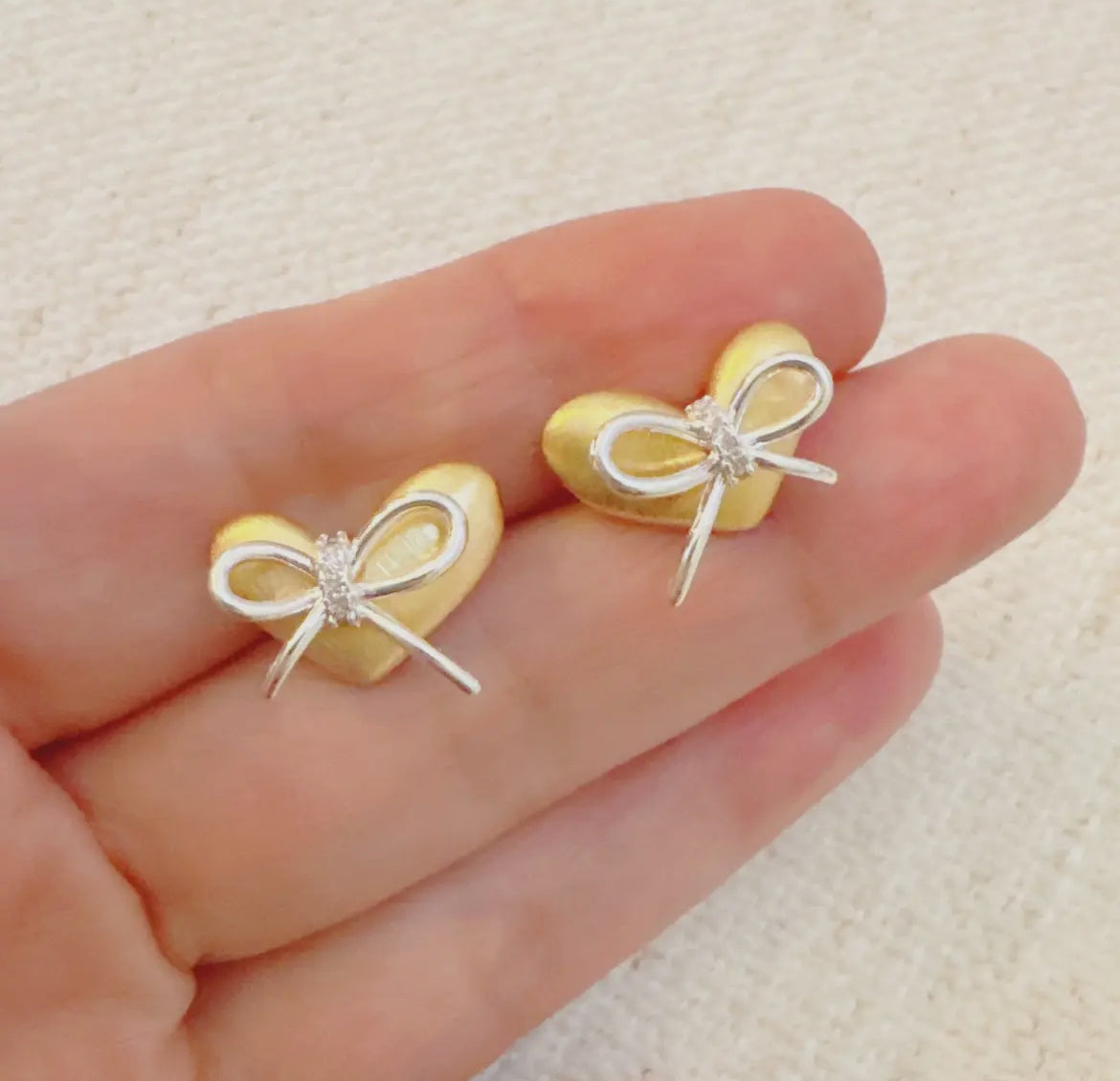 Gold Heart Bow Stud Earrings with Silver Bow Detail