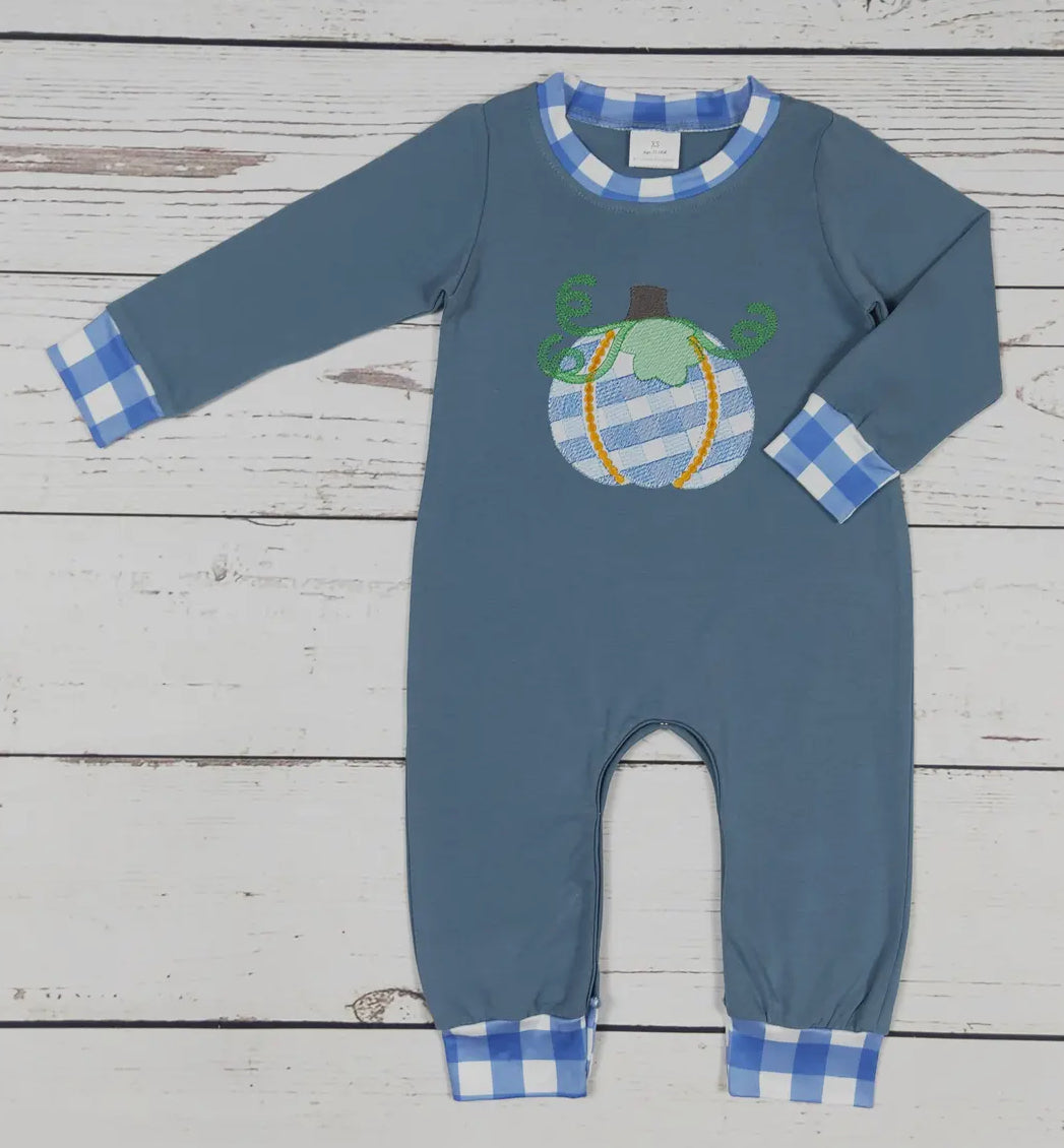 Checkered & Blue Pumpkin Appliqué Boy Romper *preorder*