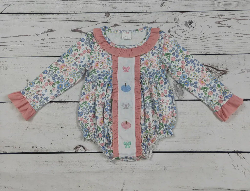 Baby Girl Pumpkin Bow Appliqué Floral Printed Bubble  *preorder*
