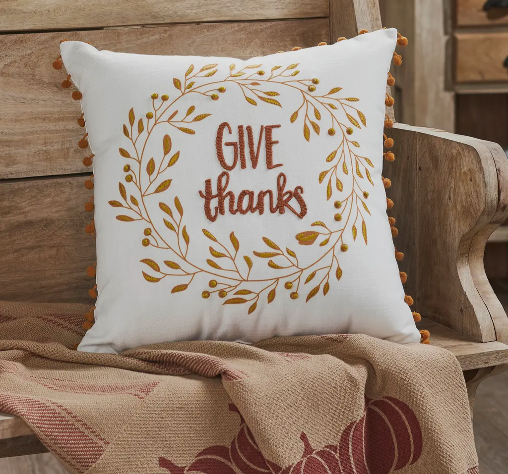 Give Thanks Wreath Pom Pom Pillow 18x18