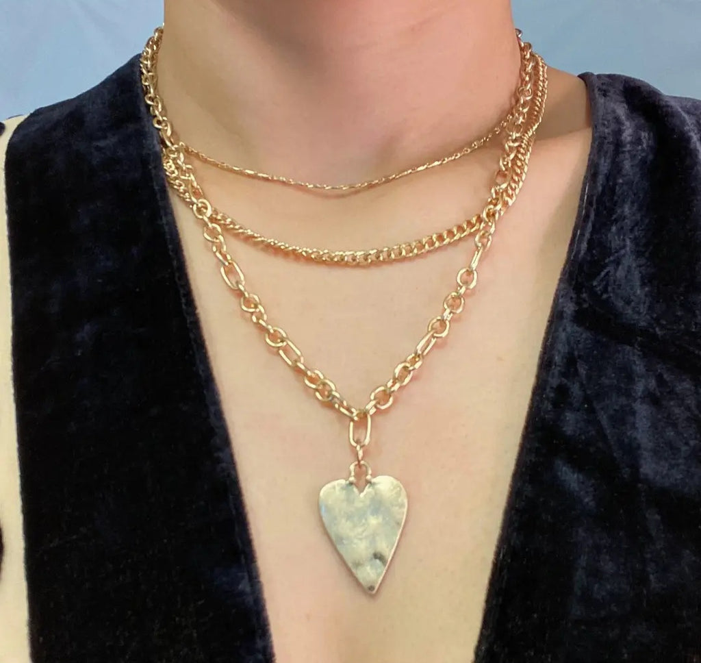 Heart Charm Layered Chain Necklace (set of 3)