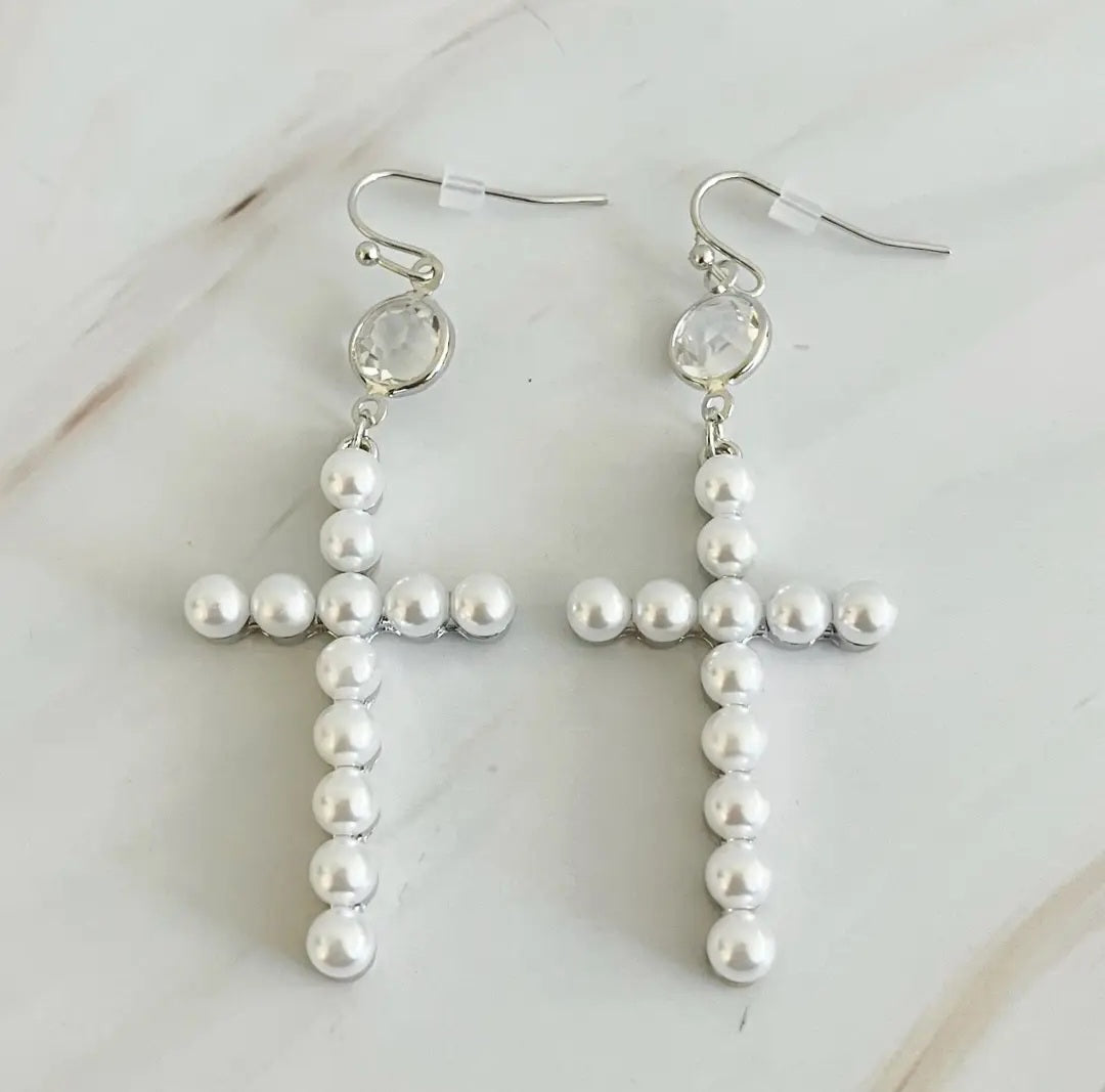 Pearl Cross Dangle Earrings